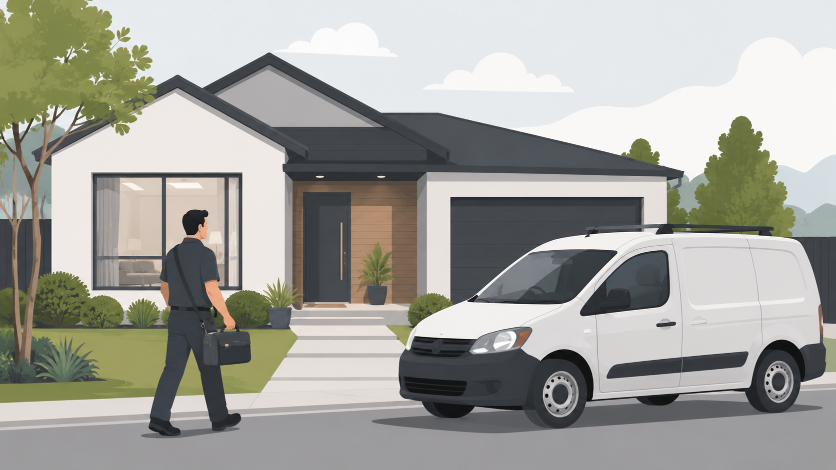 Illustration of an IT technician arriving at a home for onsite technology support.