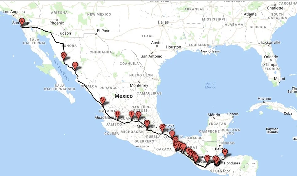 Route of Migrant Caravan departing from Honduras and Arriving at San Diego