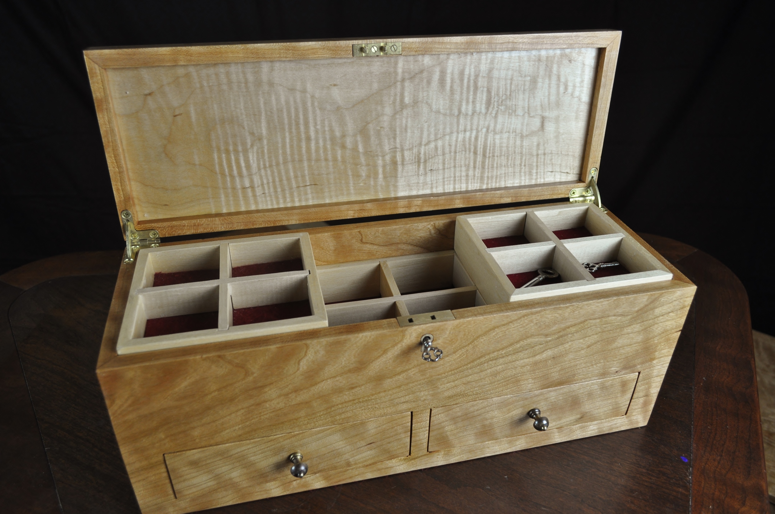 Jewelry Box in curly cherry, front view with top open