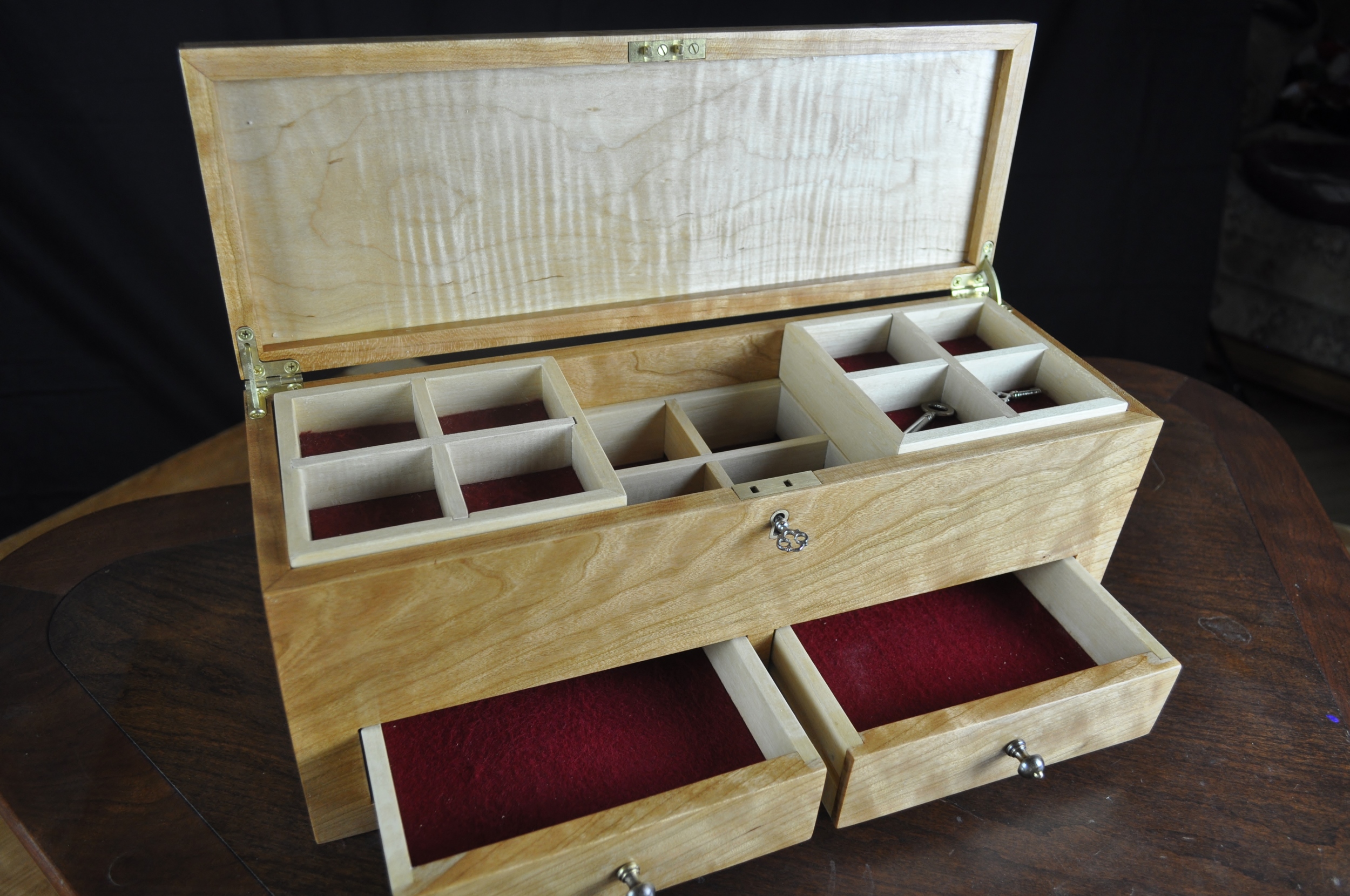 Jewelry Box in curly cherry, front view drawers open