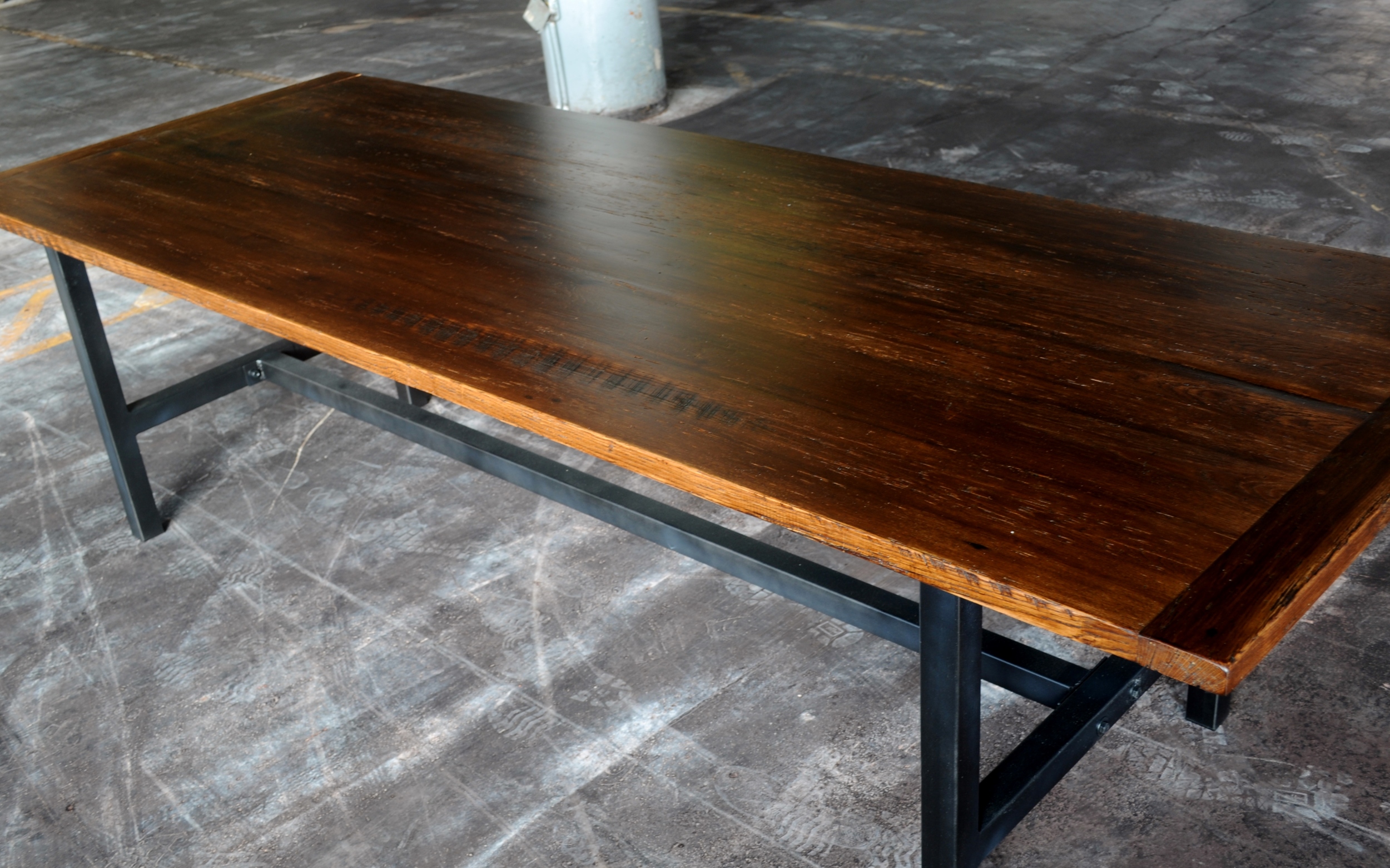 Wood and Steel Dining table, elevated side view