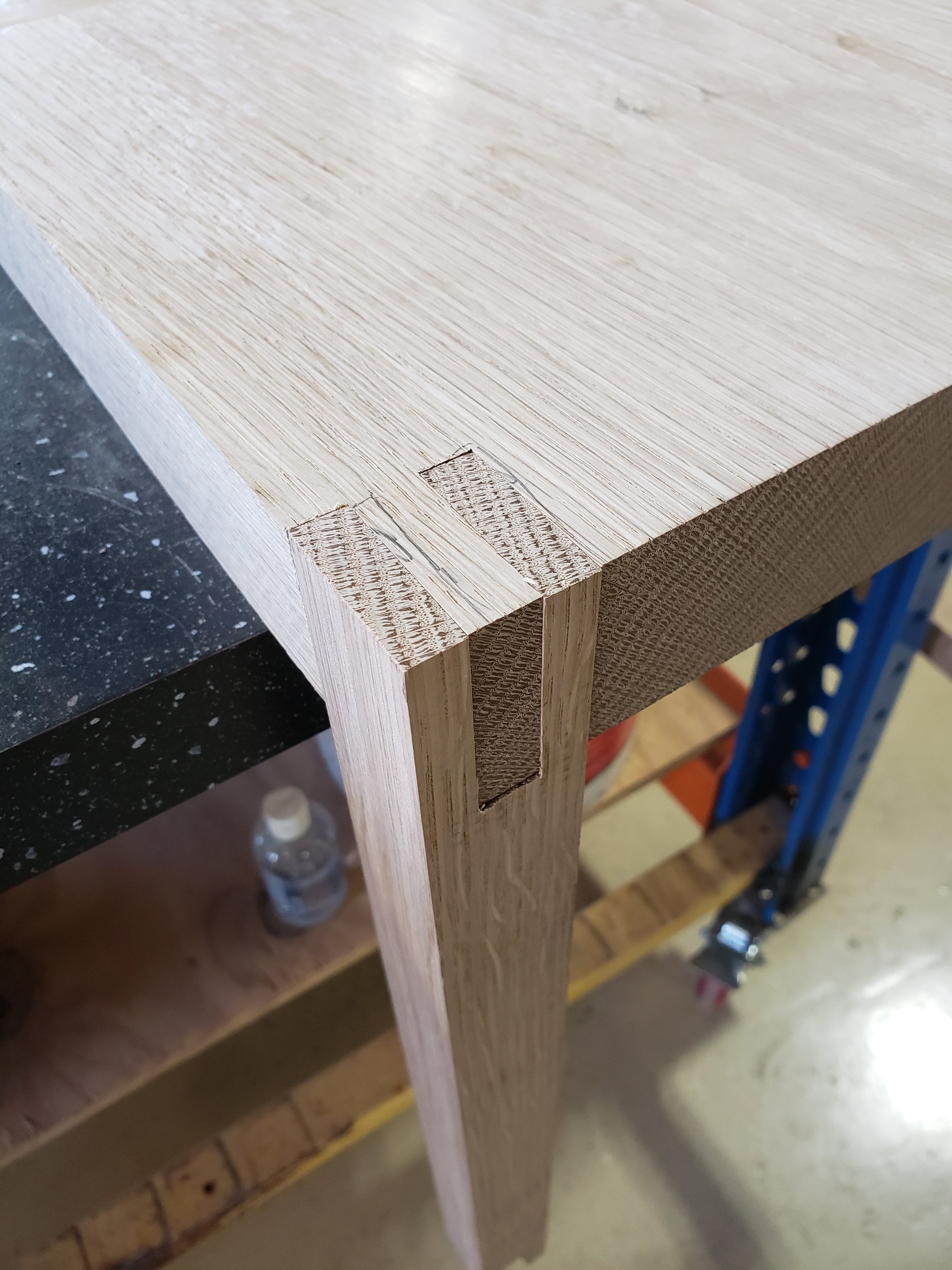 Close up of the front leg-to-seat joinery
