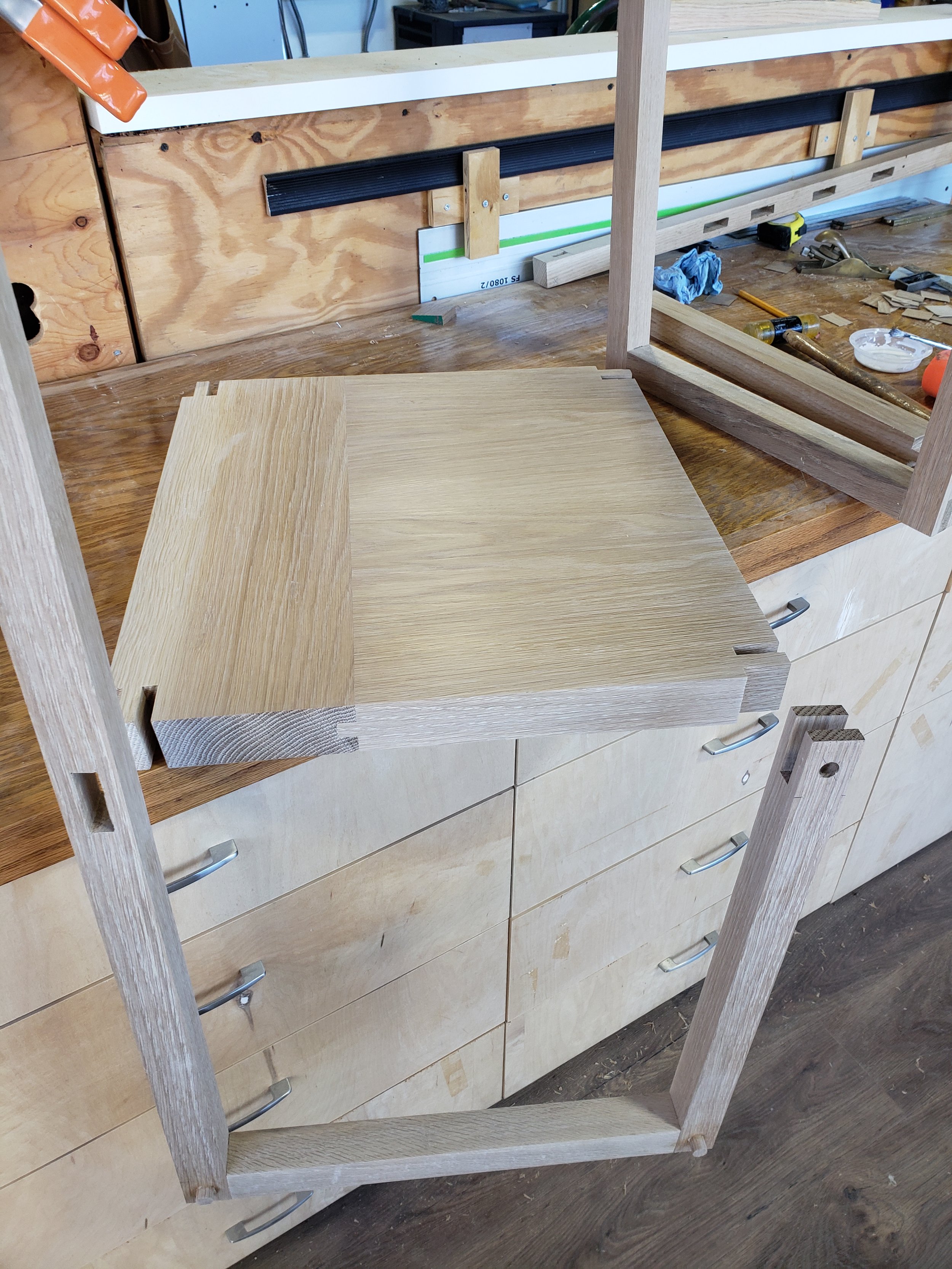 Pre-assembly, showing mortise and tenon joints
