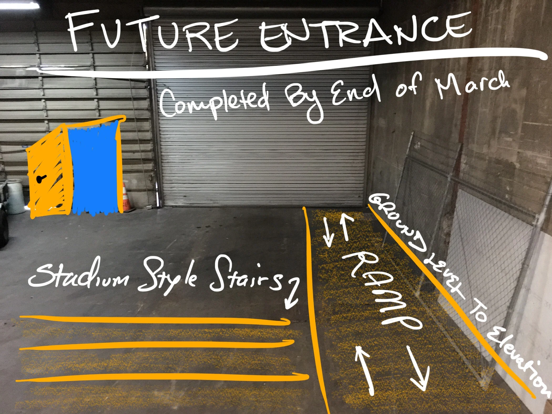 To be completed by end of March. Ground Level - West will have a 15ft roll up door entrance to the gym with stadium stairs and a ramp to take you to higher ground and the main workout area.