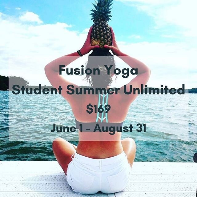 Spend your summer with us at Fusion Yoga 🍍 Join us during Summer break to workout, relieve stress, and hangout with friends before heading back to school!
Our student summer unlimited special is for students (age 25 and under with a valid ID) to enj