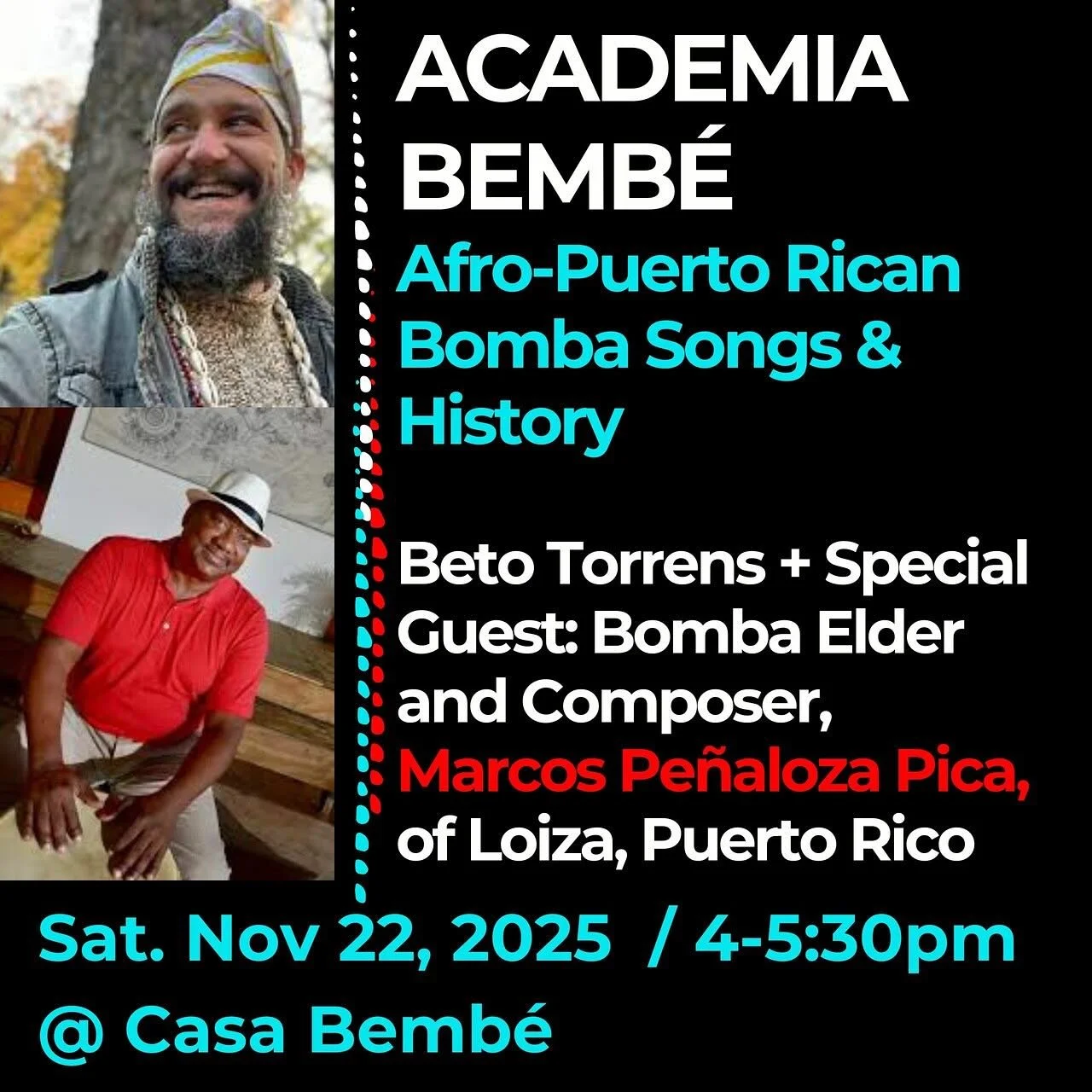Bomba Song &amp; History Workshop with Special Guest Marcos Penaloza Pica!