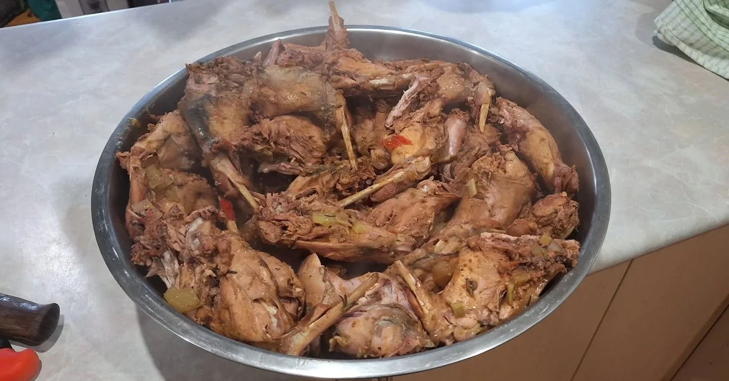 Finished rabbit cooking pictures from last night!

3 hours braising, strained, then meat pulled off the bone and braising liquid back on the stove to reduce. We ended up with 3.2kg of meat! A pretty spectacular result considering the rabbits is a sig