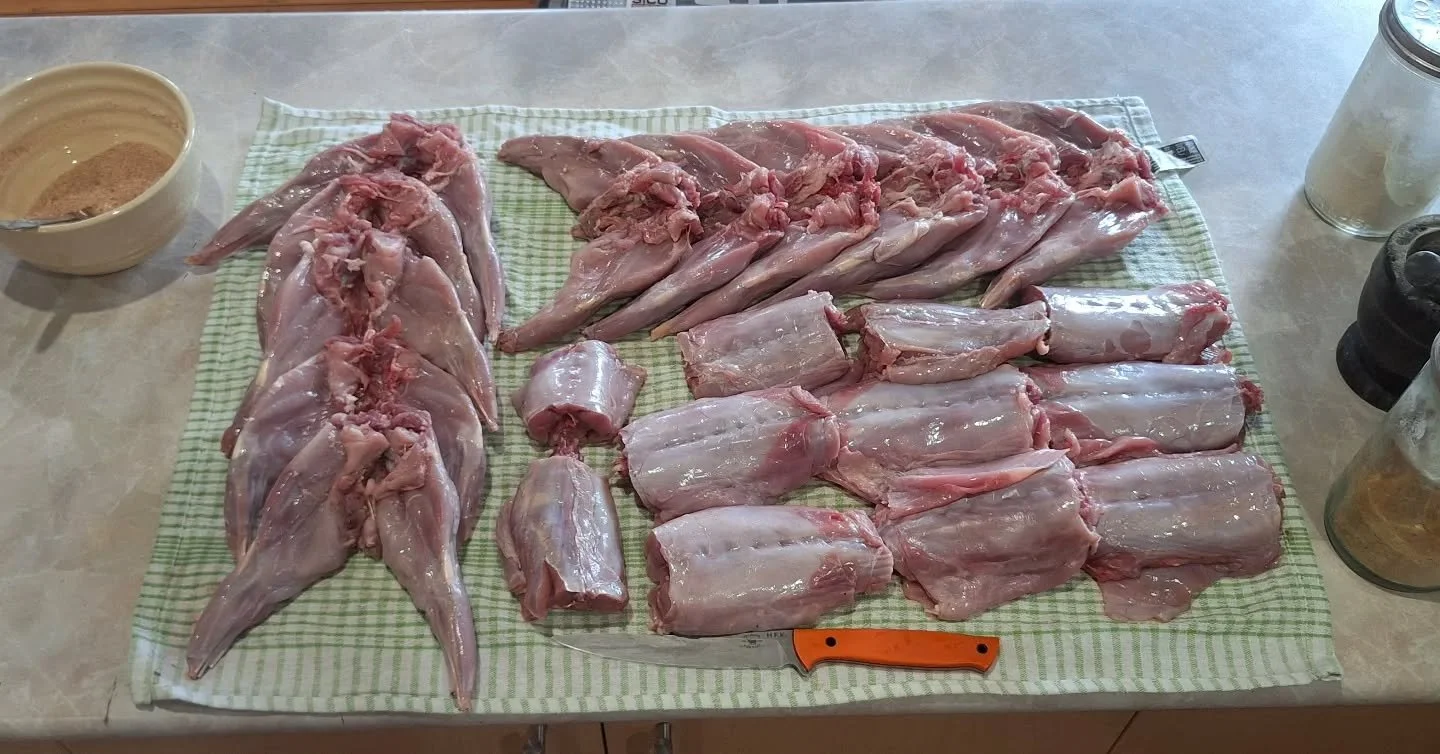 Sunday morning is rabbit cooking morning!

After brining the rabbits overnight, I left another day to dry in the fridge.

This morning I made a dry seasoning, and sprinkled it over the sectioned up rabbits before giving a light smoke for an hour.

Ba