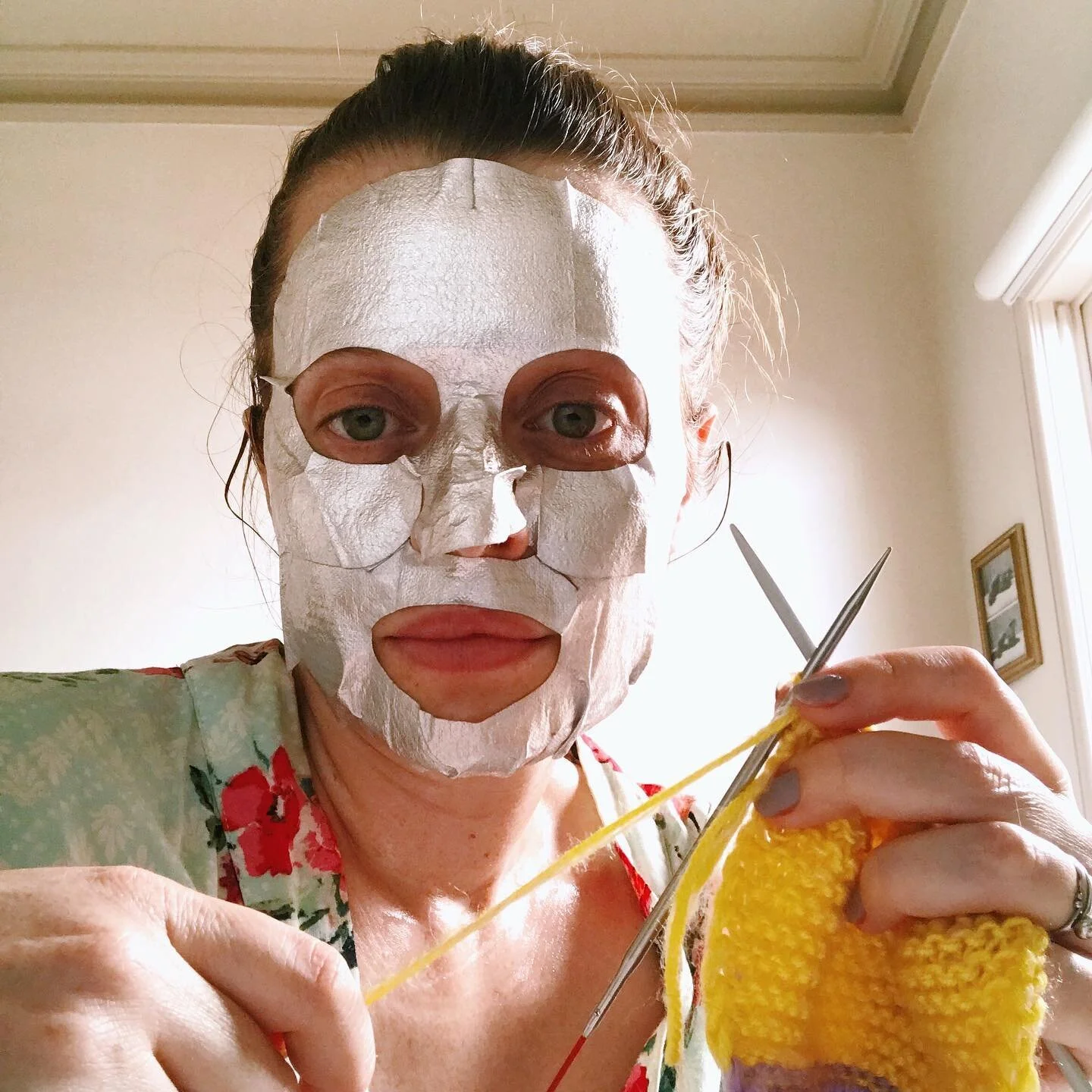 Just your typical not creepy at all Sunday afternoon Mask Knitting Session. #ImFine #ThisIsFine #CreepySelfCare #MaskAndYouShallReceive