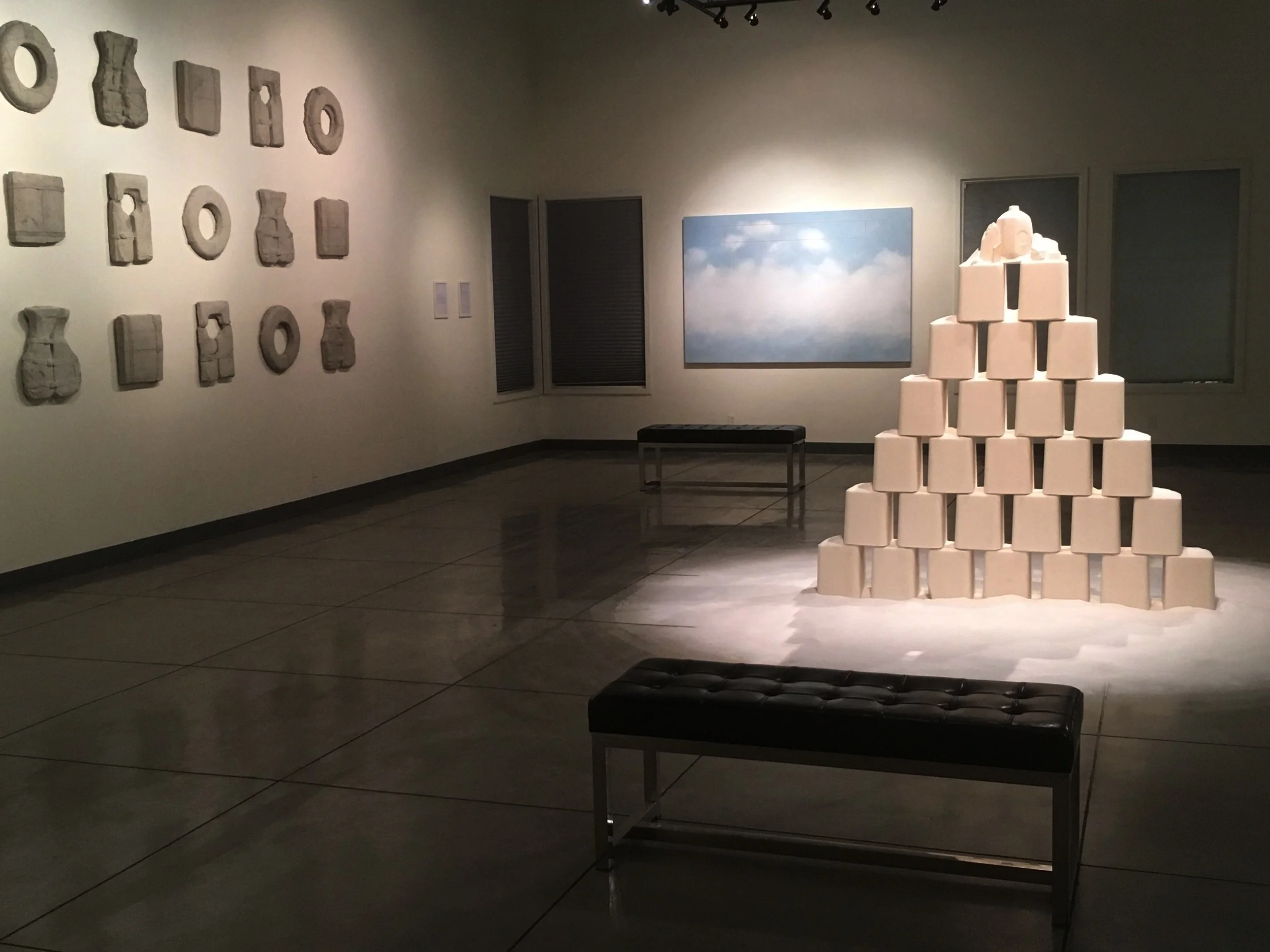 Gallery install shot from left to right "Current" (cement), "Untitled. Unknown." (acrylic on canvas), and "Salvation" (1200+pounds of salt).