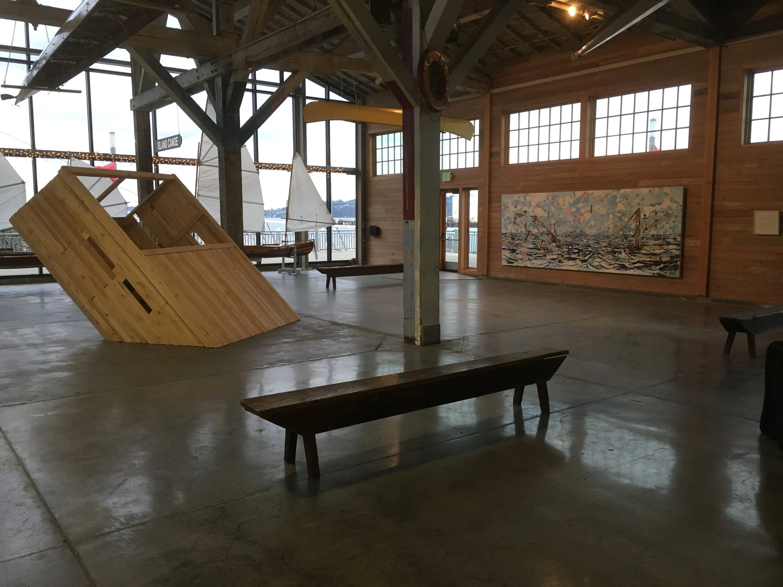 Wrecked sculptural installation view with 6'x16' Shipwreck (acrylic on canvas covered panel) painting in the background.