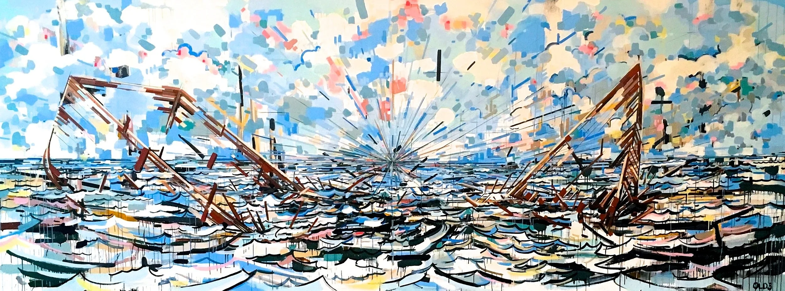 Shipwreck , 6x16', acrylic on canvas covered panel. A ship divided does not float. This is very much a reaction to the 2016 Election cycle.
