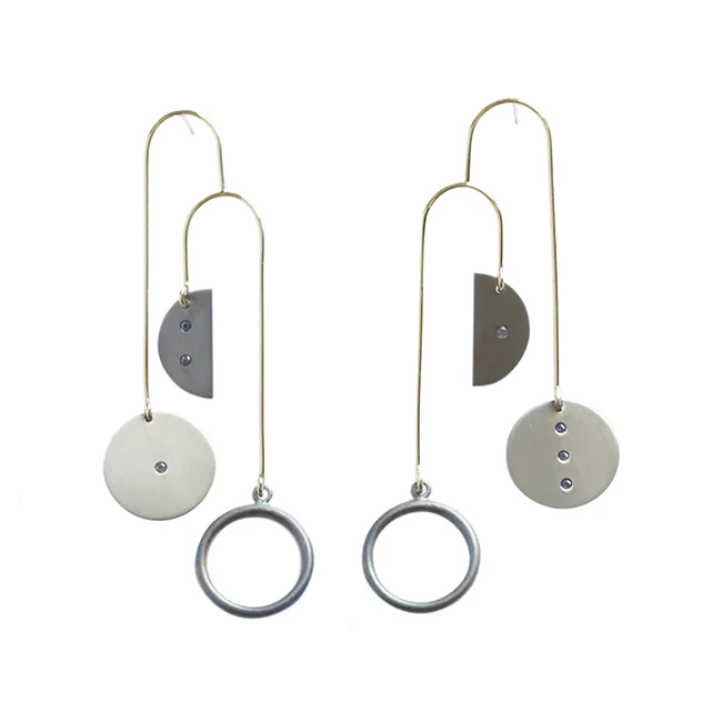 Mobile , 2018 earrings 18k yellow gold, titanium, oxidised sterling silver, sapphires