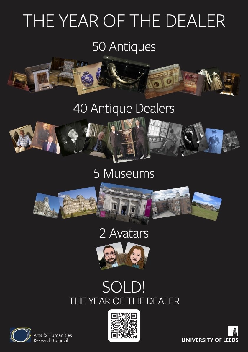 Poster for the Year of the Dealer. The text reads: '50 Antiques, 40 Antique Dealers, 5 museums, 2 Avatars, Sold!