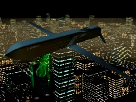 This is a mock-up of the CHAMP cruise missile microwave system shooting an electromagnetic wave. (Air Force Research Laboratory)