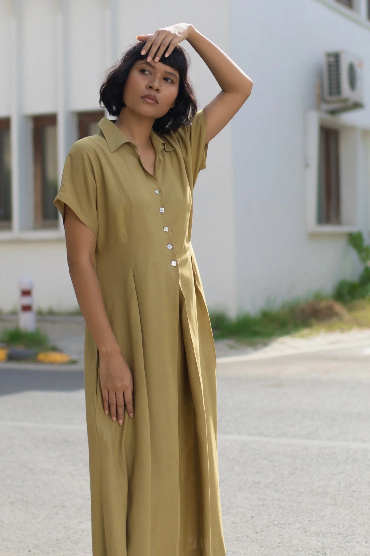 Rizwana_pleated_long_shirt_dress_anar_green_banana_fibre_3.jpg