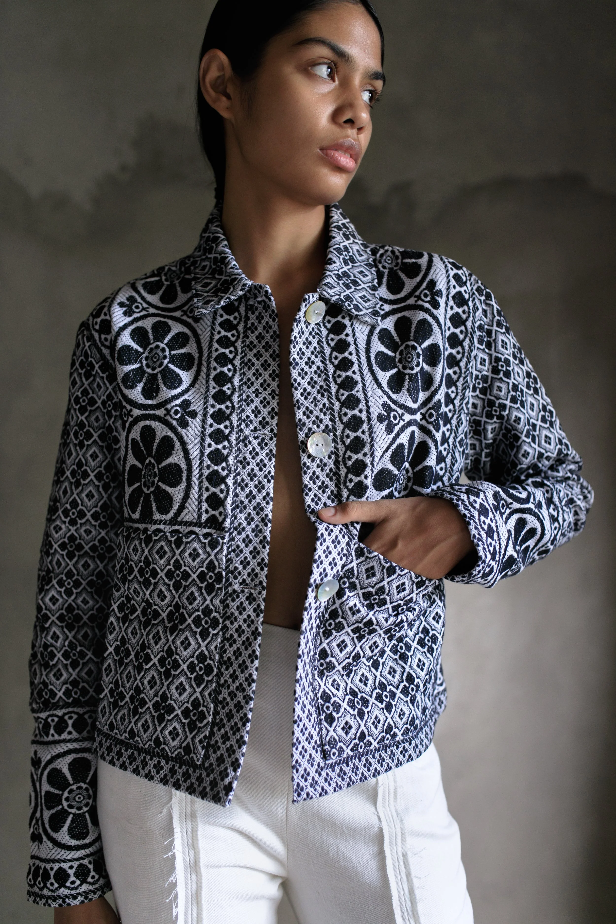 Short Jacket in blue and white repurposed jacquard cotton