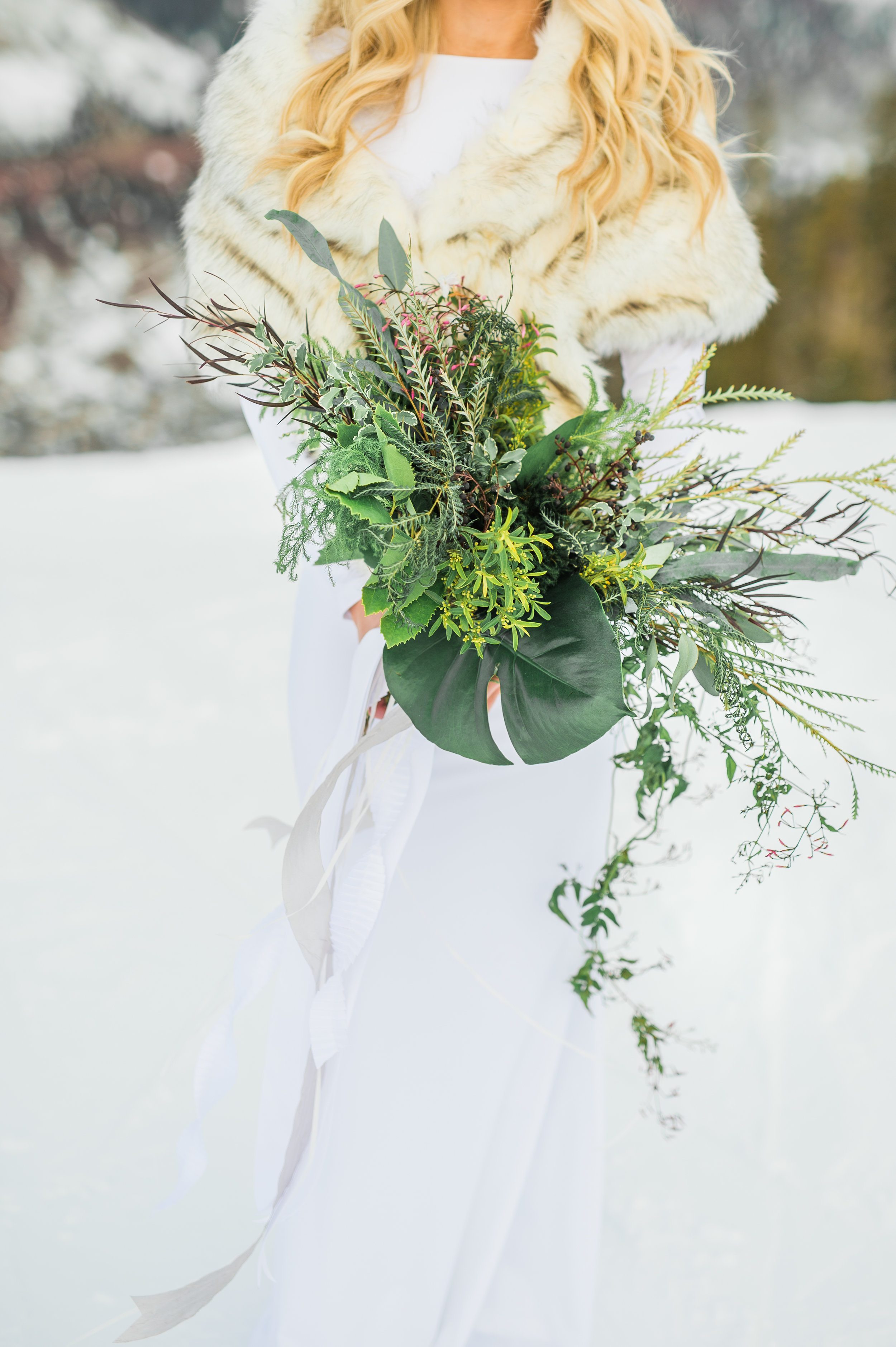 bridal bouquet Parie designs green wedding, green bouquet featuring Grevillea, Jasmine, seeded Eucalyptus, Elkhorn Moss, Assorted Chilean Ferns