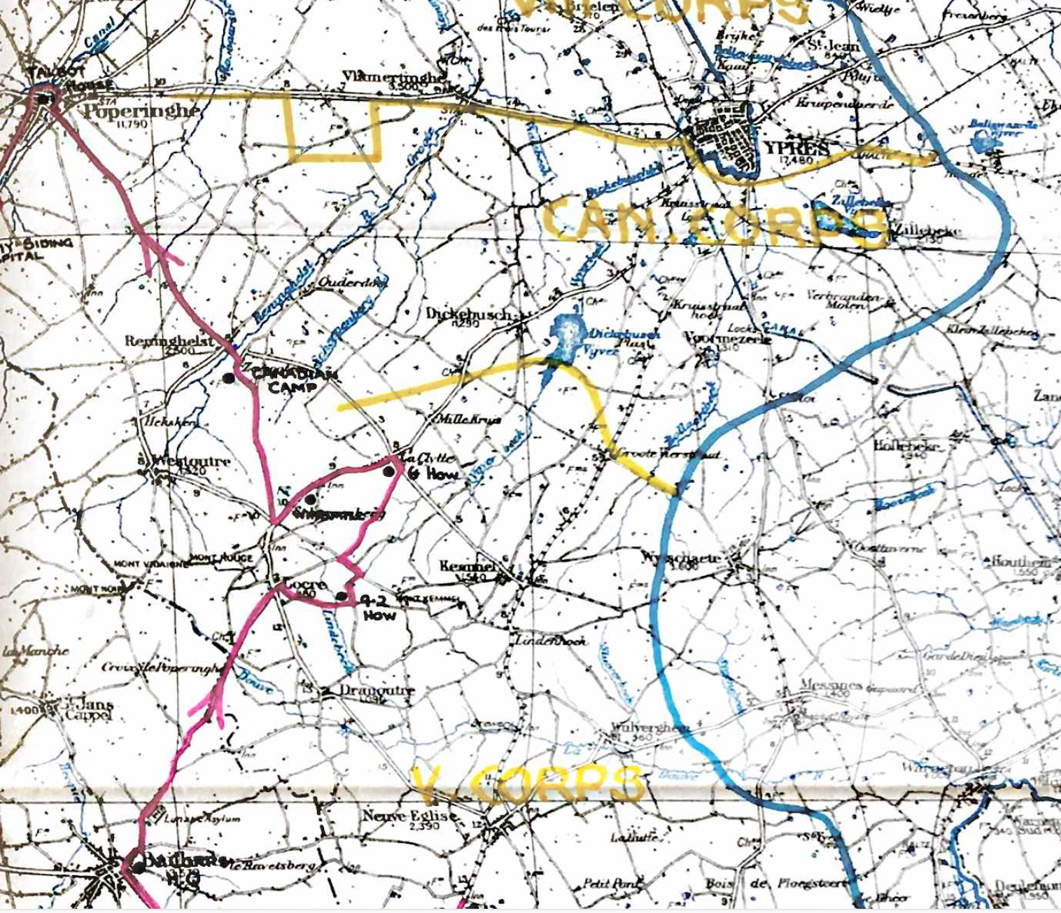 Map showing the whole scope of Nicholls' active service at the Front. He joined the 31st east of Kemmel (centre of map where violet and blue lines are closest. His war ended near Zillebeke (at end of yellow CANCORPS on map) 3 months later. In between he got to know places like Bailleul, St Jans Cappel, Locre, Westoutre, Renninghelst, La Clytte, and Dickebusch.