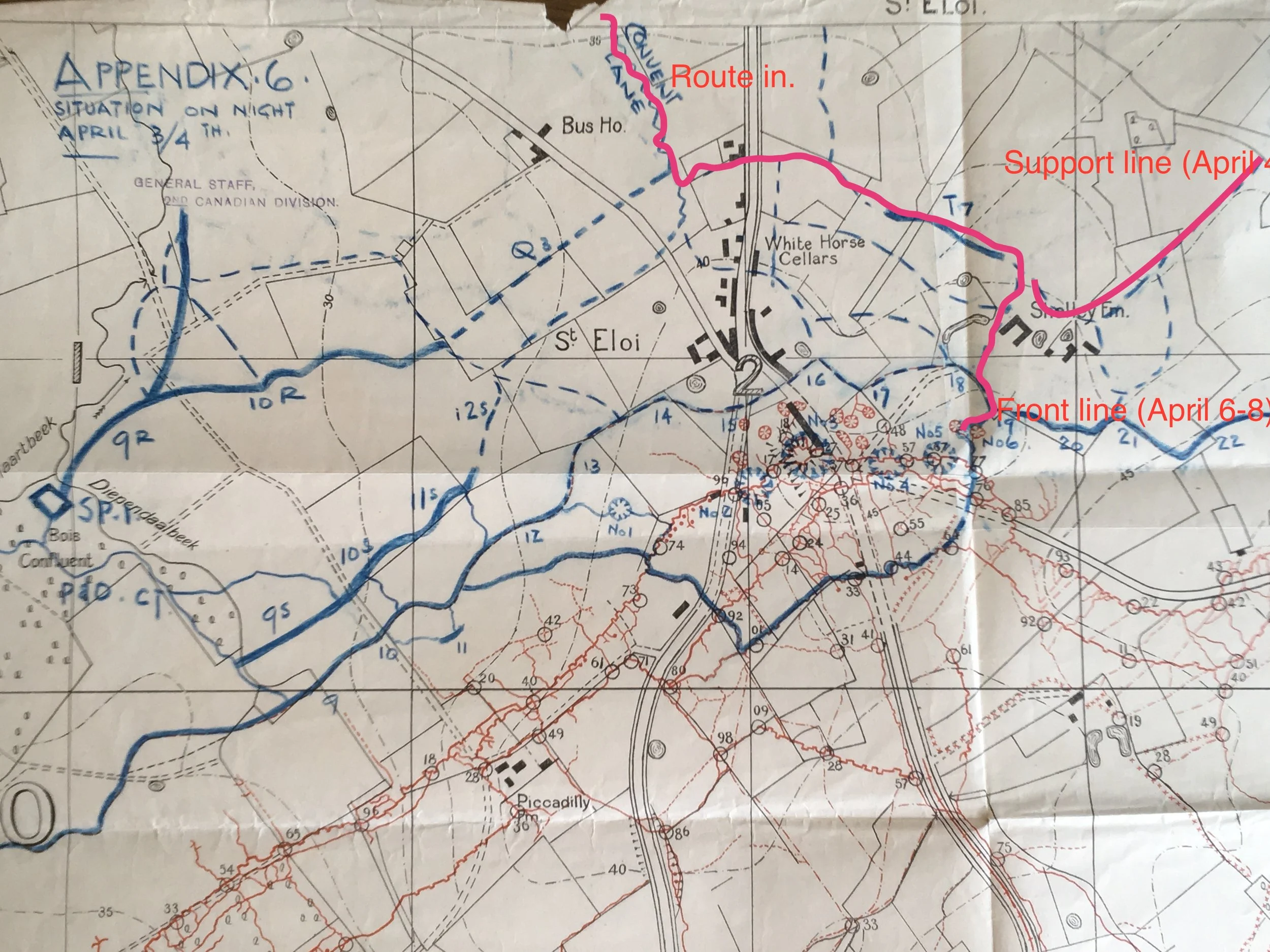 Map showing the last kilometre or so of the 31st's route into St. Eloi and the lines held by D Company on the 4th-5th and then on the 6th-8th. The route begins where the pink line appears at the top of the map. Note Shelley Farm obscured by pink line. Shelley Lane runs south from that point to point 19, below the F in Front Line. Other British positions in blue.