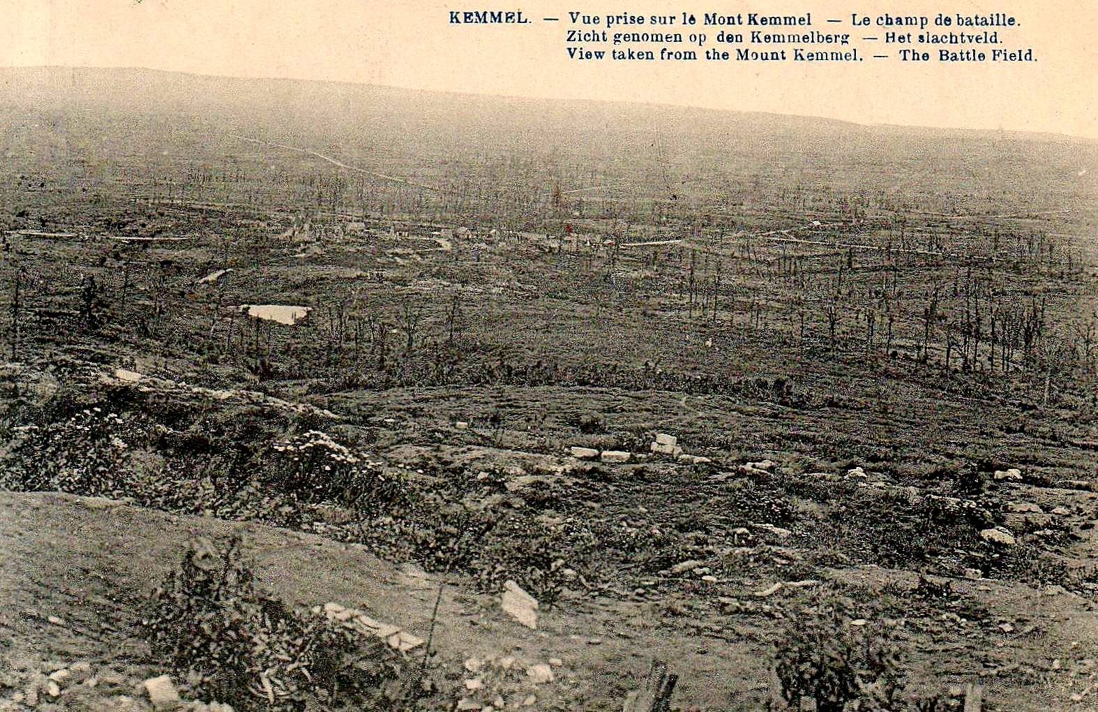 A view from Mont Kemmel down over Kemmel Village with the Messines and Wytschaete Ridges on the horizon.