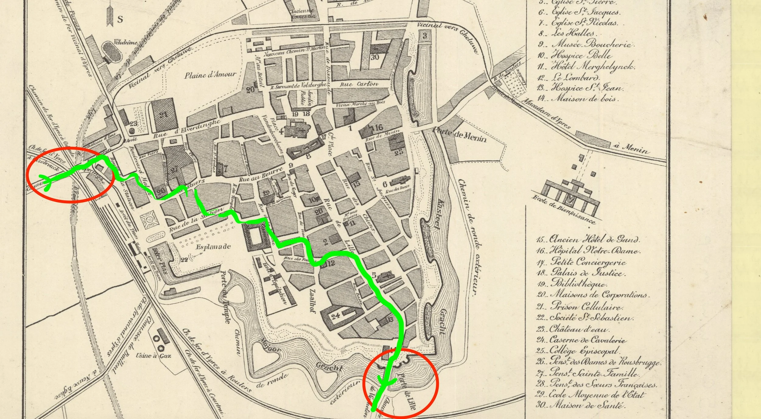 Map of Ypres, showing where Fraser entered the city and where he left it (the Lille gate at the south of the city); the route in between those two points is speculative but consistent with his description of avoiding the square.