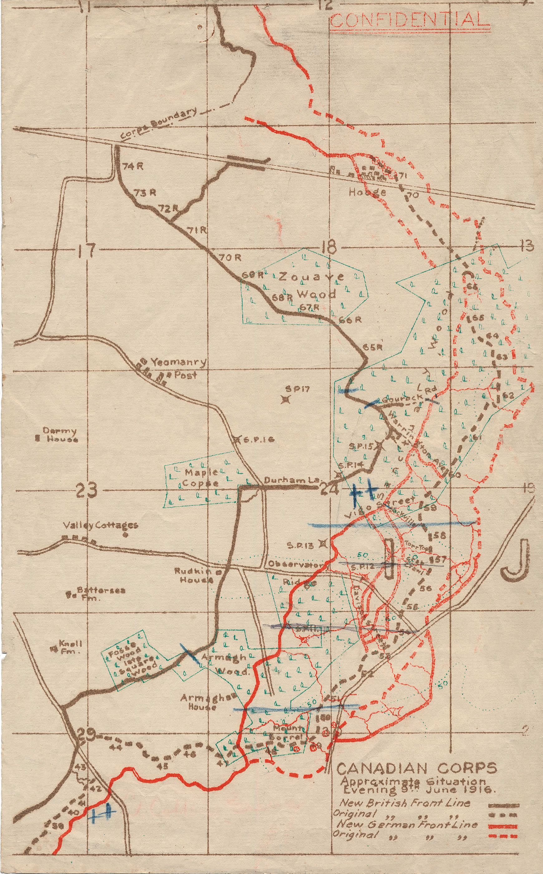 The 31st occupied the brown line from 74R on the Menin Road (running across map at an angle near top) to S.P. (Strong Point) 14. The two blue slashes between 65R and Gourock Rd. appear to be MG positions described in the War Diary. Nicholls was likely in one of those positions on the 13th. Some trenches aren't numbered on this map. 64R, 63R, 62R etc. would follow the brown line south from 65r to the intersection with Durham Lane. R stands for 'reserve'.