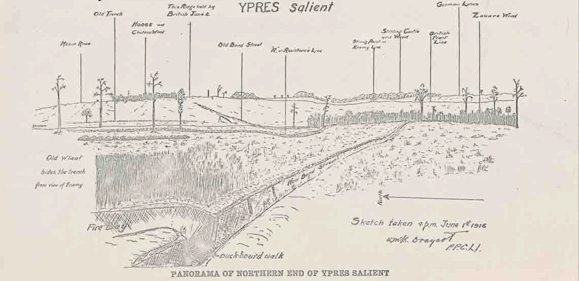View toward the front lines on the high ground between Hooge and Sanctuary Wood, with HIll 62 just out of Frame on the right. As seen from roughly grid square 17 on the map below. By the time Nicholls arrived, the British Front Line marked on the map had been taken by the Germans.