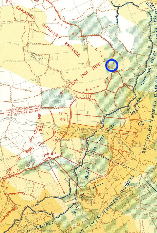 Canadian counter attack on Mount Sorrell/Hill 62, June 13th, 1916. Nicholls' approximate position at bottom edge of blue circle.