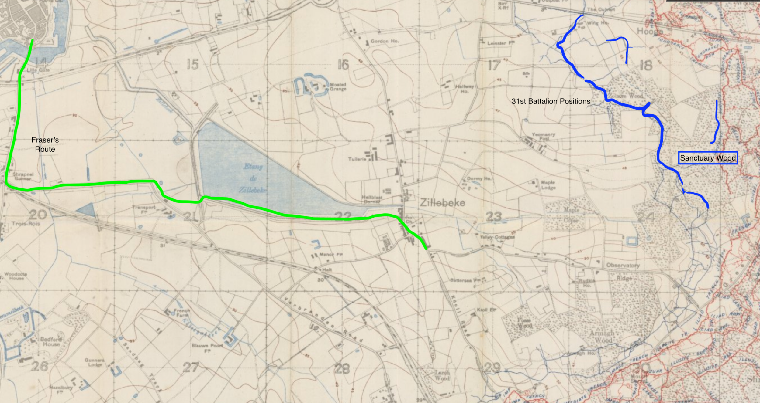 Green line shows Fraser's route from Ypres to Zillebeke. Canadian positions in blue.