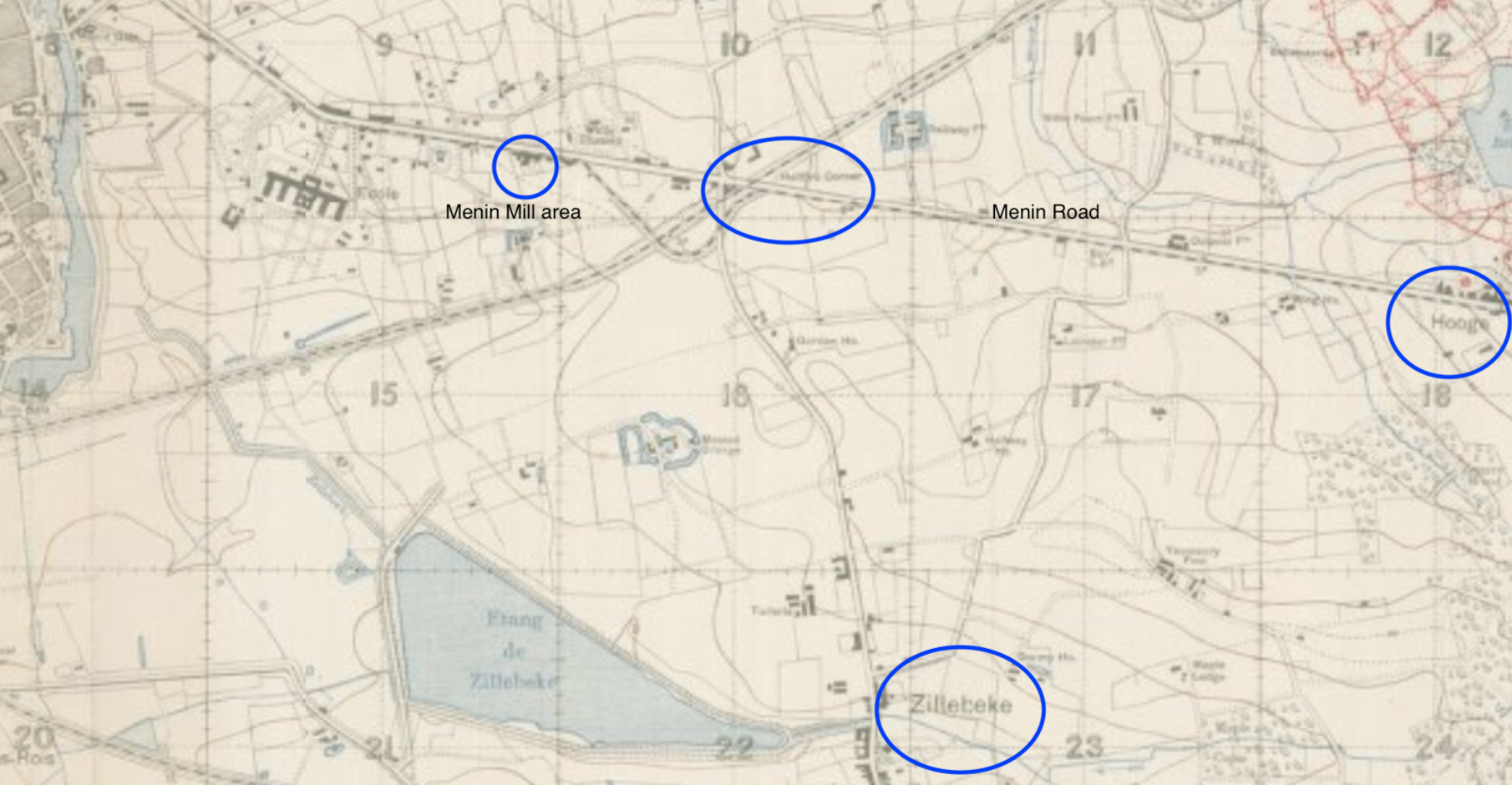 The first stage of Nicholls' evacuation: from Trench 63 he would have moved almost due west, through Zouave Wood and carrying on till he met the road between Zillebeke and Hellfire Corner. He would have followed the road north before cutting northwest toward the Menin Mill Area.