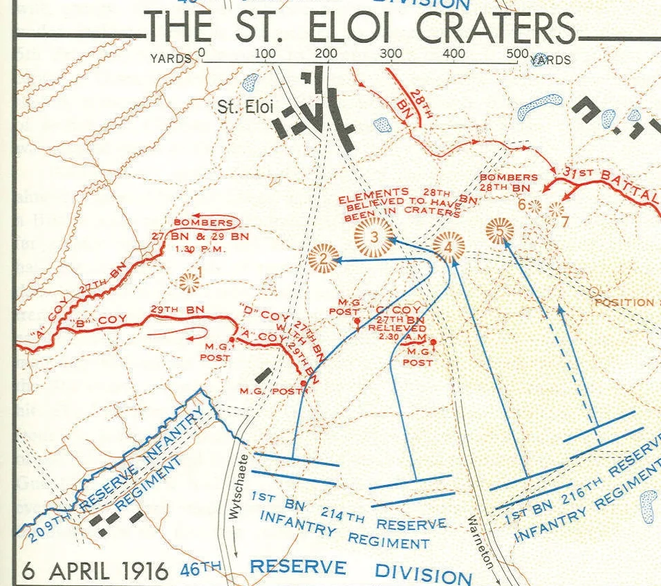 German attack of April 6, 1916. Note that Craters 6 & 7 were the most forward and exposed part of the Canadian Line on the left.