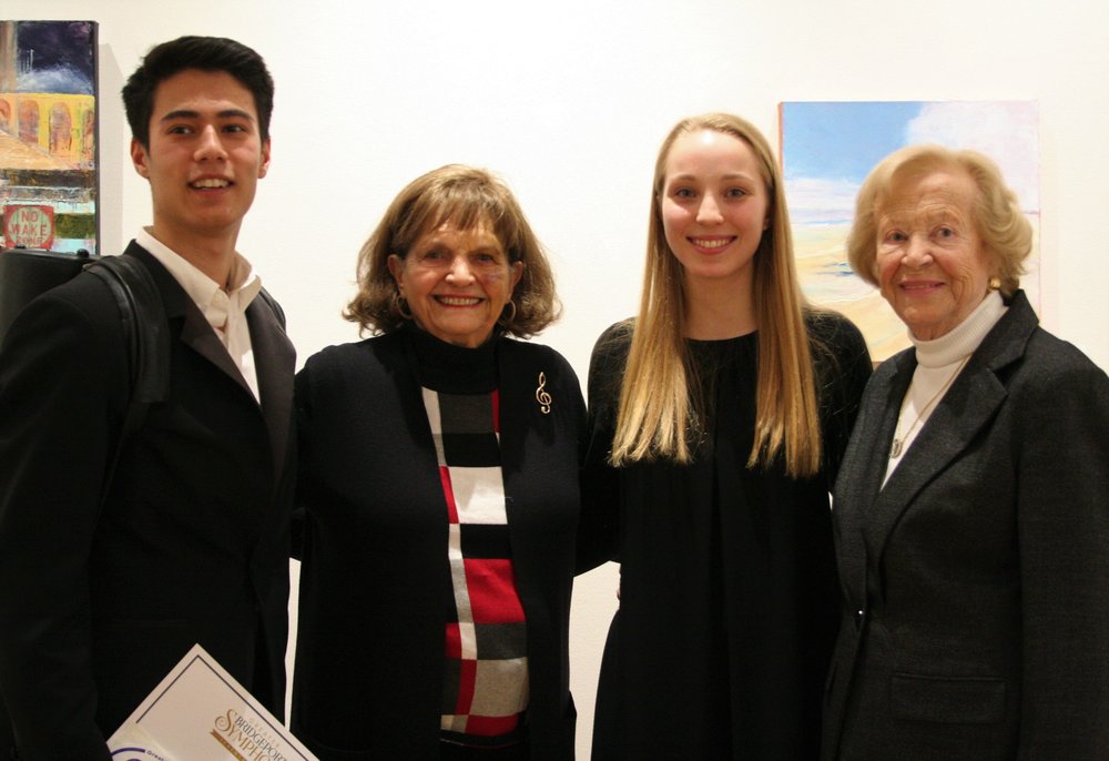 irst Prize winner Max Moon of Fairfield and Second Prize winner Kate Wegener of Easton are congratulated by Mrs. Jean Moffitt, GBS President, and Mrs. Doris Harrington, Chairman of the GBS Board of Trustees. Third Prize winner Eric Hirsch was unavailable for the photo -- already off to another competition! 