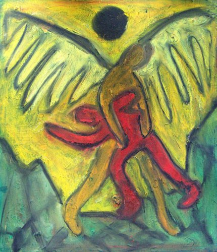 Jose Alain Austria, Jacob Wrestling with God , mixed media on canvas, 2008