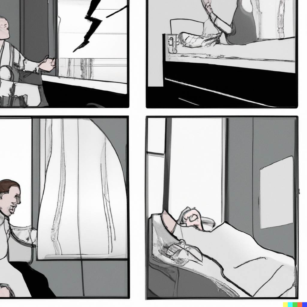 DALL·E 2023-09-07 13.27.41 - Draw a page of a comic book in film noir style depicting a man getting out of bed, hitting his head on a wall, going to hospital and then being discha.png