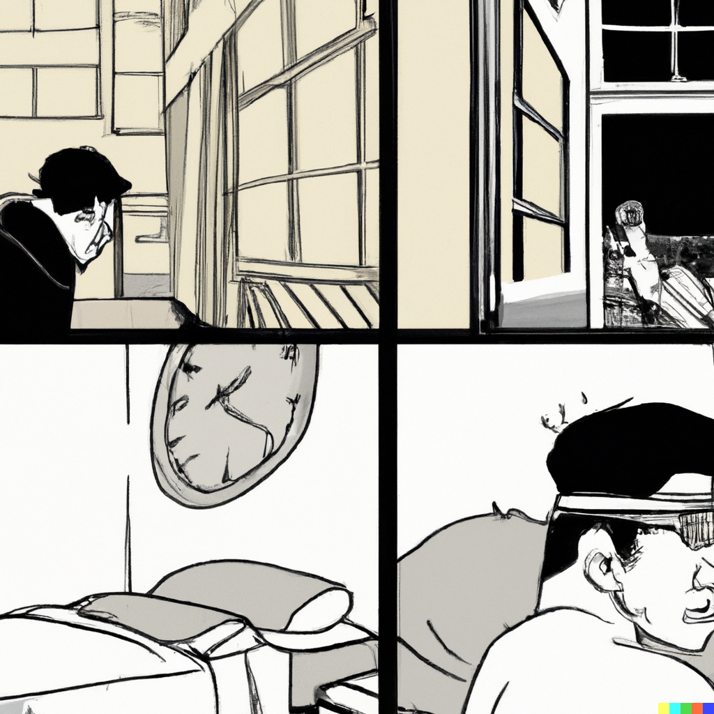 DALL·E 2023-09-07 13.27.32 - Draw a page of a comic book in film noir style depicting a man getting out of bed, hitting his head on a wall, going to hospital and then being discha.png