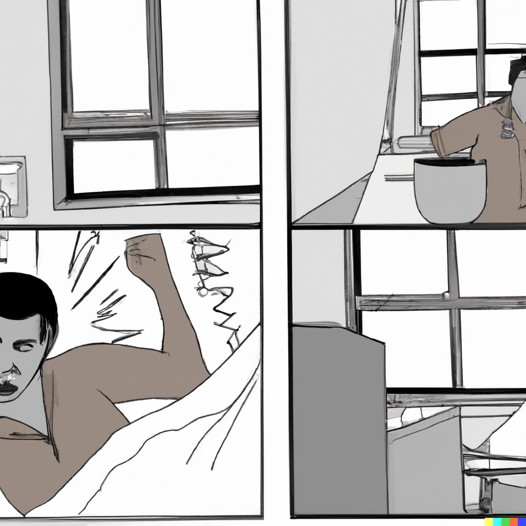 DALL·E 2023-09-07 13.27.20 - Draw a page of a comic book in film noir style depicting a man getting out of bed, hitting his head on a wall, going to hospital and then being discha.png