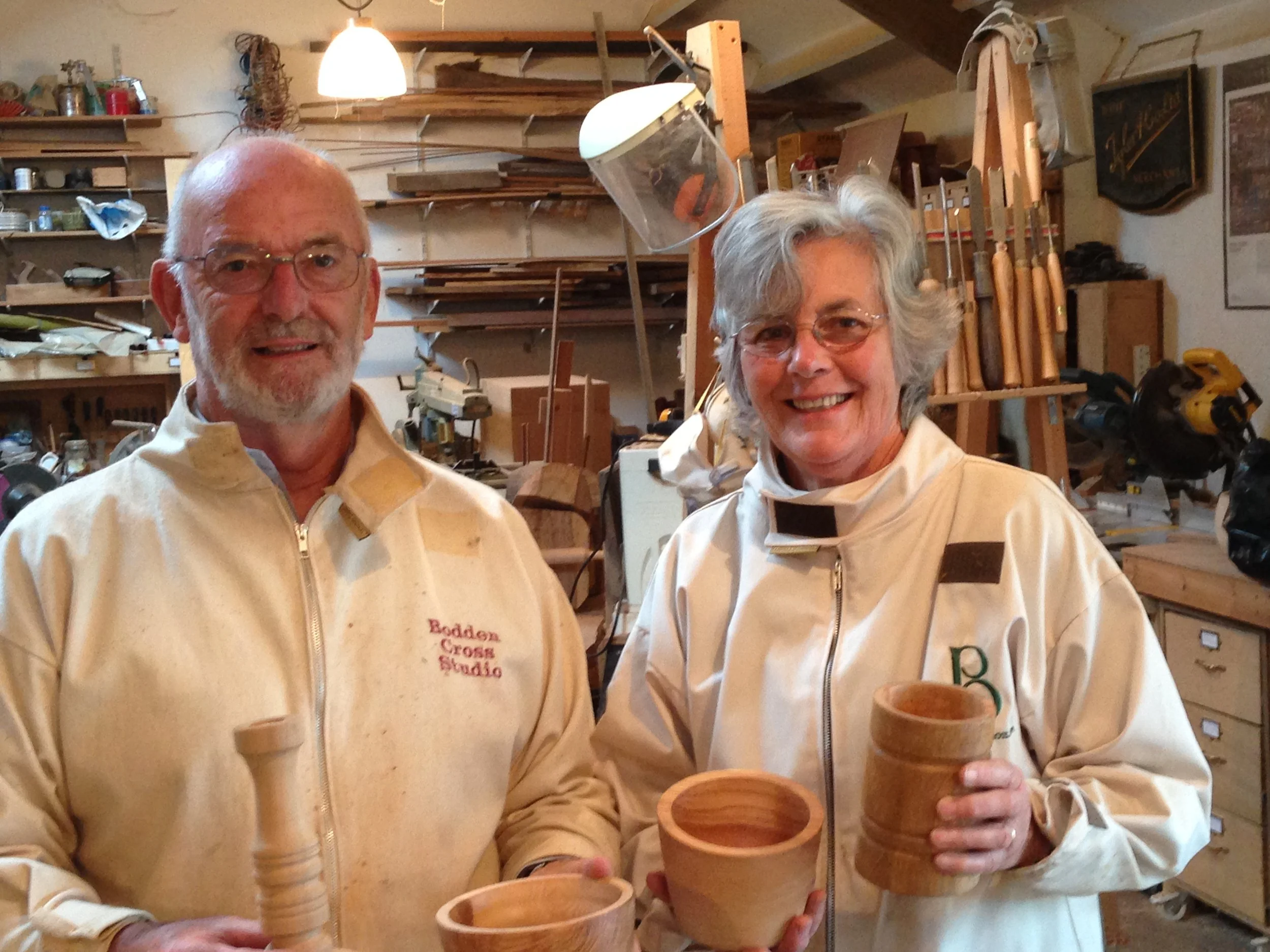 Husband & wife creating bowls and learning spindle work.