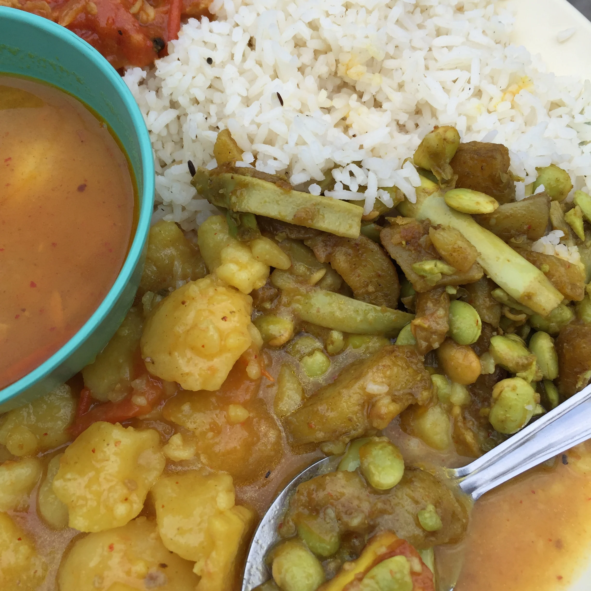 A dish of rice, lentils, potatoes, yellow beans, edamame, bamboo. Rice pudding for a snack.