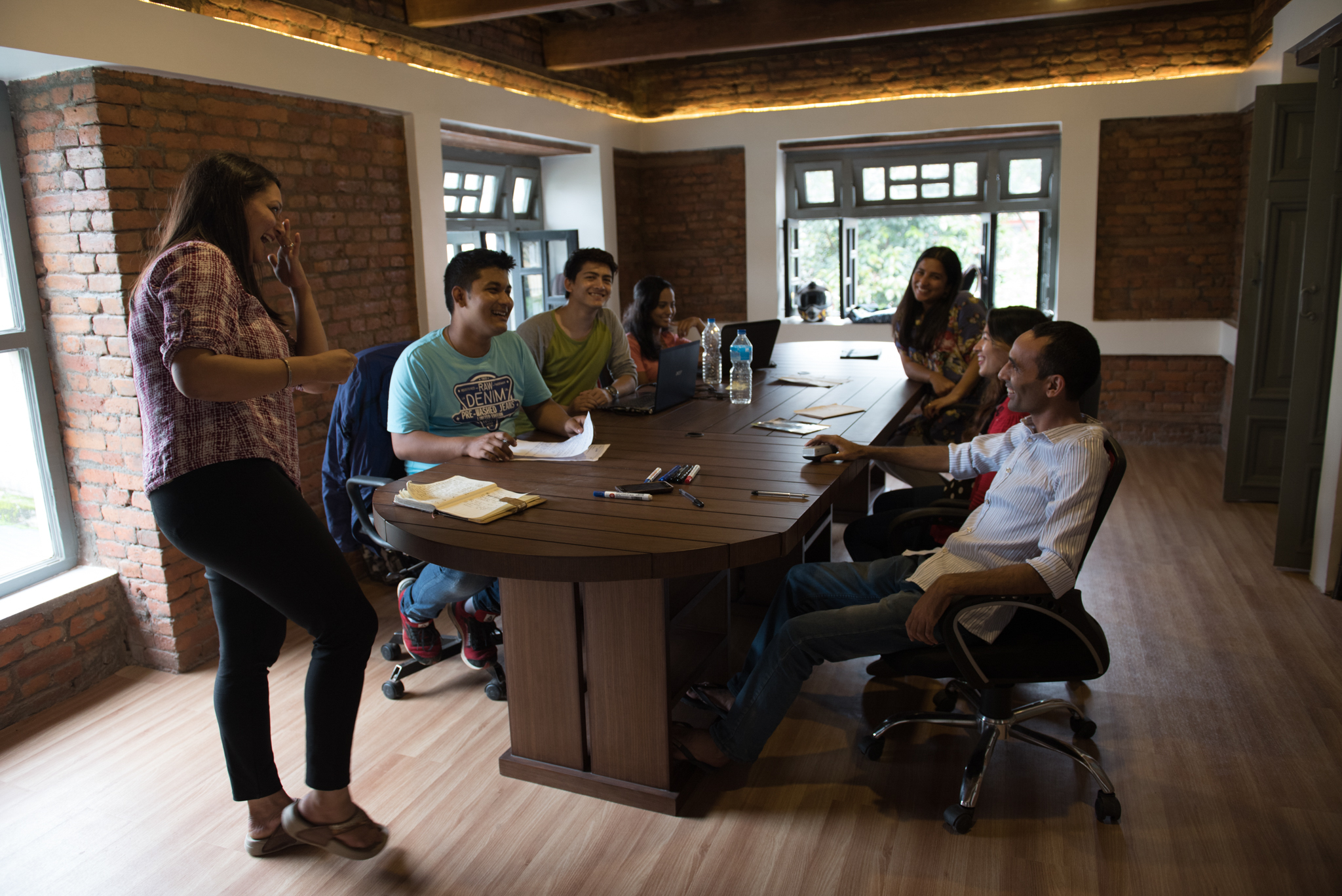 The Accountability Lab holds an informal meeting in their new home at the Open GovHub in Kathmandu, Nepal. (Photo by Brittany Wait)