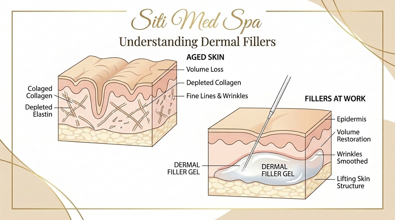 This diagram explains how dermal fillers improve the elasticity of the skin.