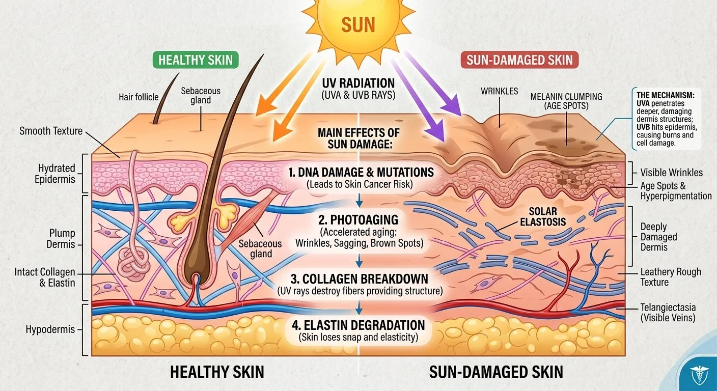 This diagram shows the impact of sun damage and photoaging. The left side shows healthy skin and the right shows skin that has been sun damaged.