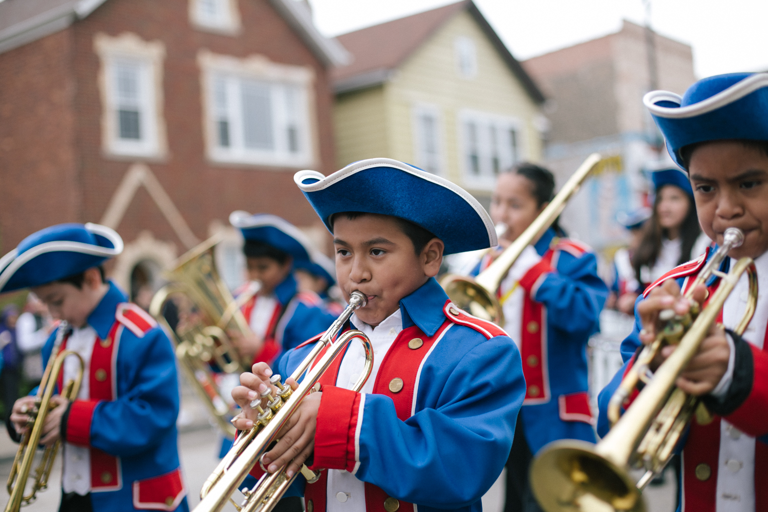  One of the trumpet players from the Tonti Elementary School Marching Band toots his horn during the Cinco de Mayo parade in the Little Village neighborhood. 4/24 