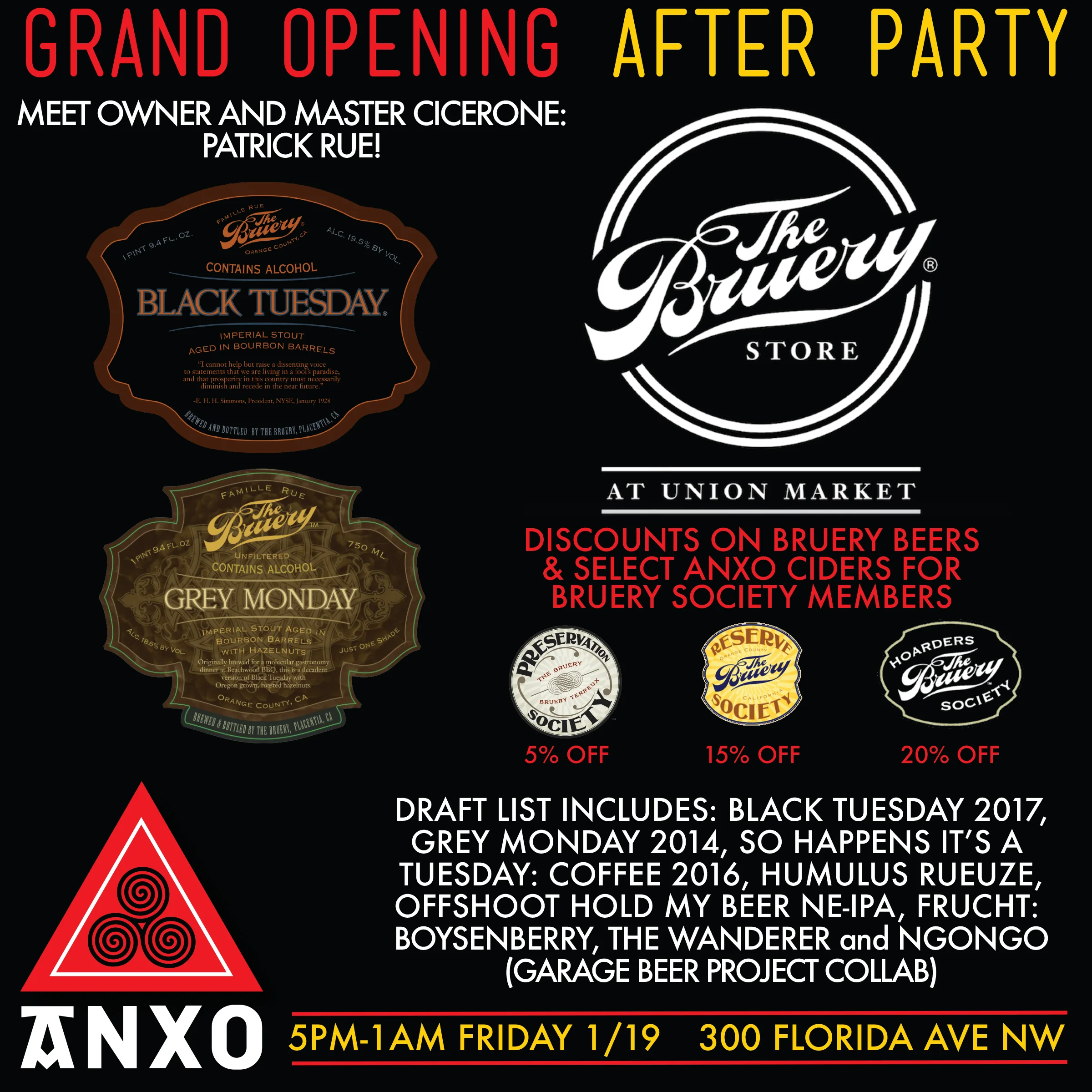 Our good West Coast friends, The Bruery just opened their first East Coast location here in DC! To celebrate the grand opening of their shop in Union Market we are hosting an after party with several rare Bruery drafts! If you are a member of one of The Bruery's membership societies we will honor your discounts at ANXO on all Bruery beers as well as select ANXO Ciders. 