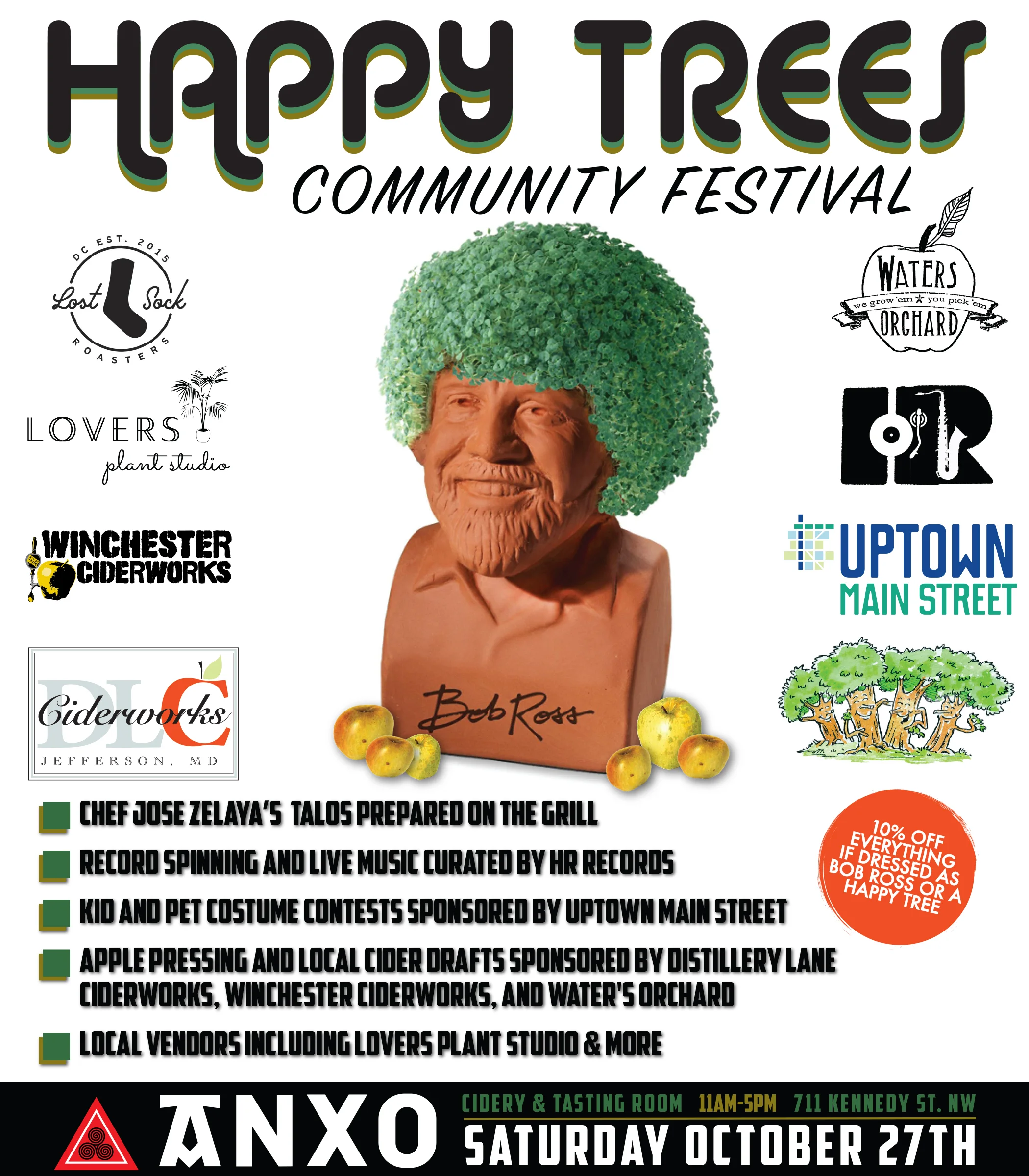 Join us Saturday, October 27th for the 2nd annual Happy Trees Community Festival. This year we have lots of great activities setup. Costume contests sponsored by Uptown Main Street, record spinning and live music curated by HR Records, Live apple pressing & cider from our friends at Distillery Lane Ciderworks, Winchester Ciderworks, and Waters Orchard. Local vendors including Lovers Plant Studio and ANXO Chef Jose Zelaya's famous talos (think Basque-inspired tacos) made on-site.