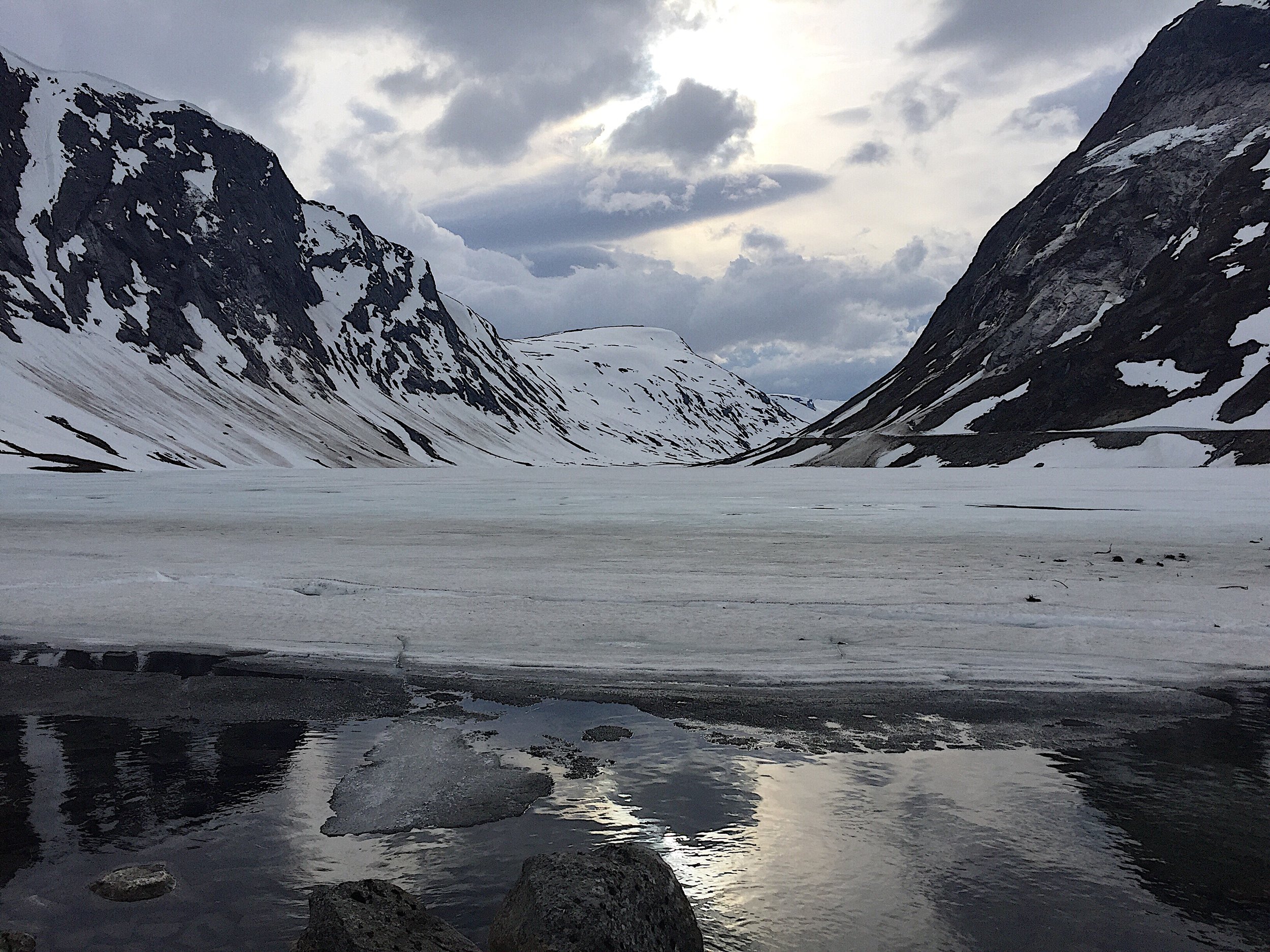 Frozen lake on drive from Geiranger to Stryn, Norway.