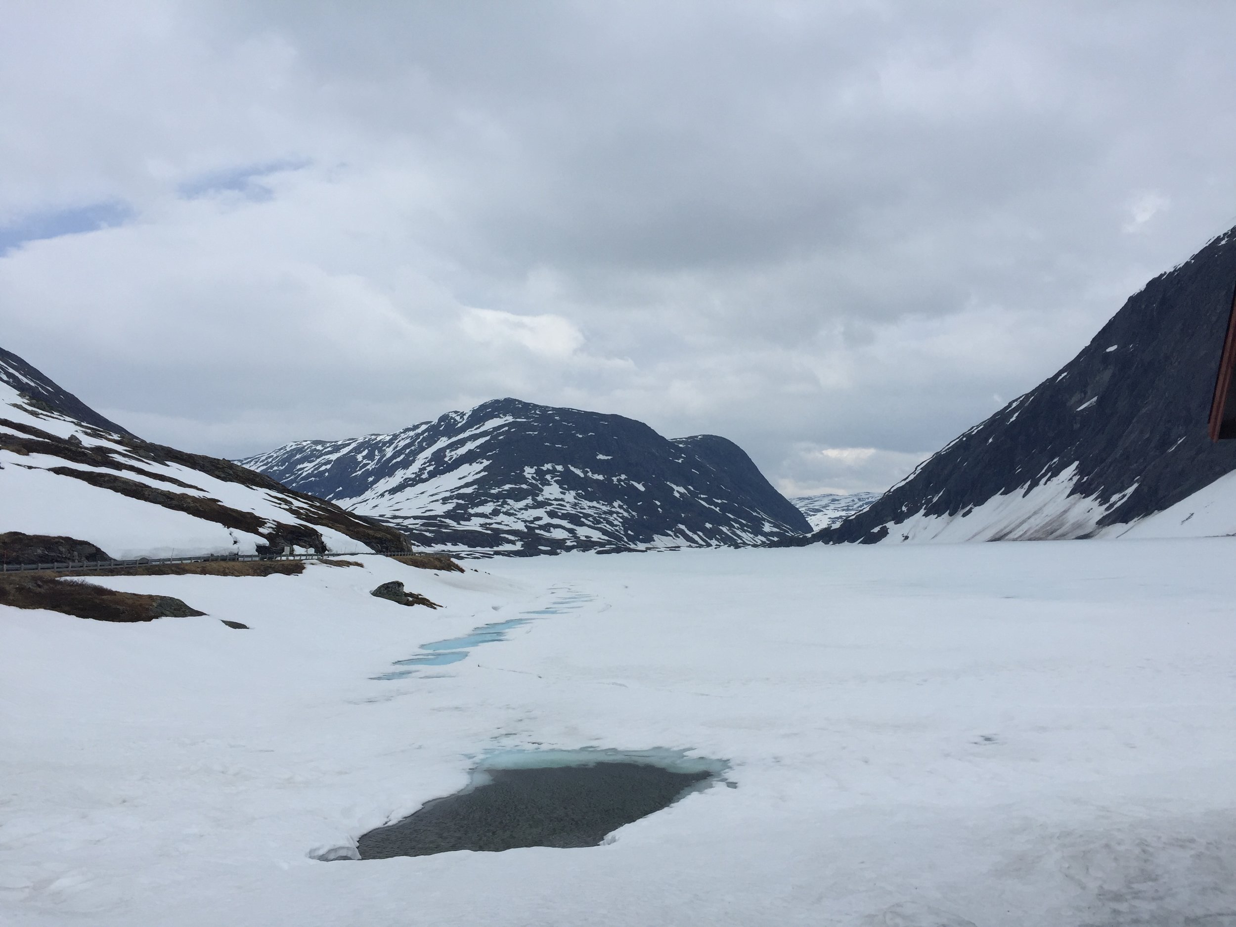 Frozen lake on drive from Geiranger to Dalsnibba peak, Norway.