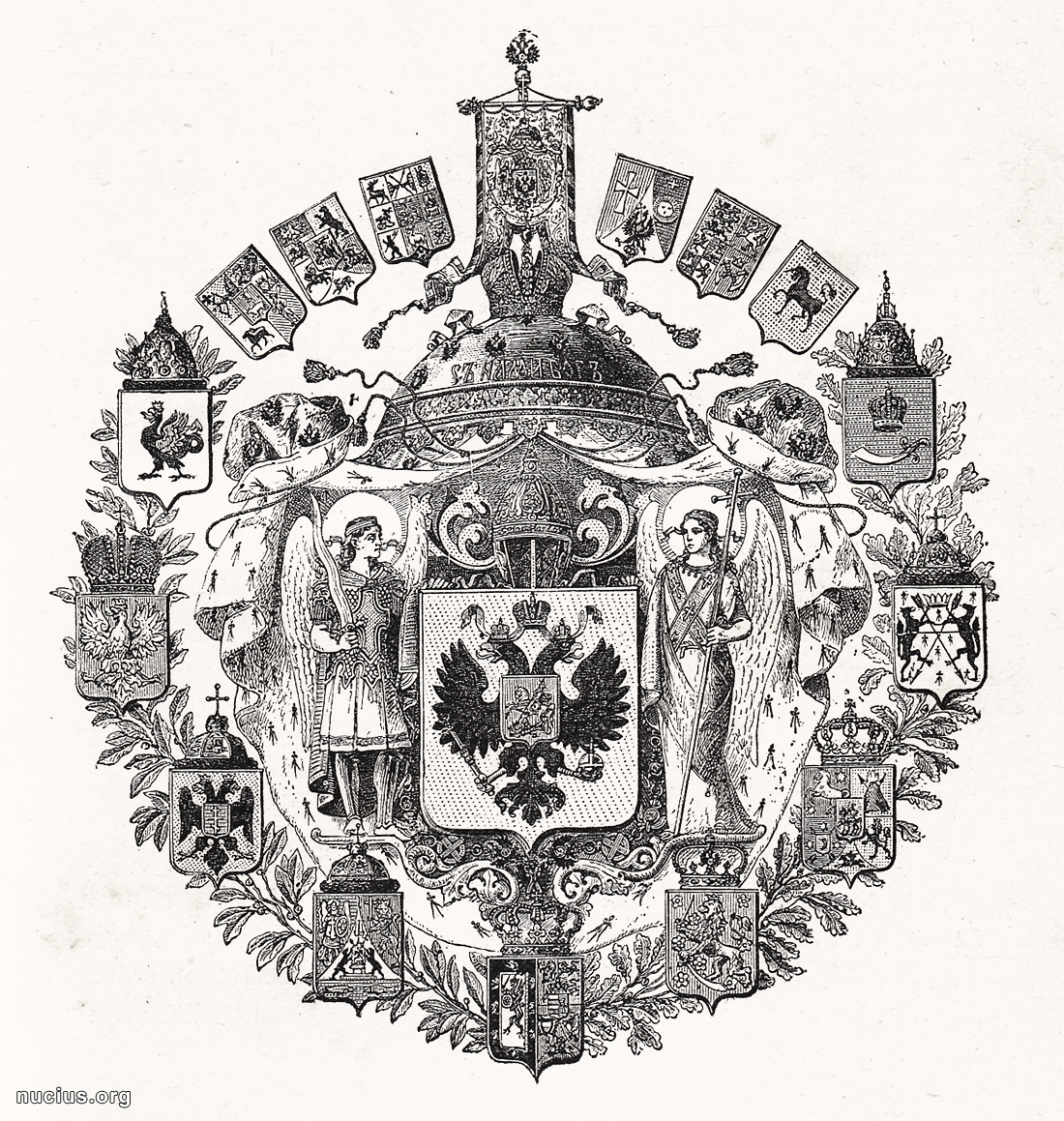 Why are there imperial crowns in the current Russian coat of arms even though Russia is a republic? Other former European monarchies usually keep the same arms but take out the royal