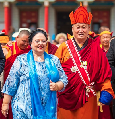 The Grand Duchess visiting Ulan-Ude, Buryatia, at the side of the Khambo Lama, leader of the Buddhist community in Russia, whom she presented with the Order of St. Stanislas, 1st Class.