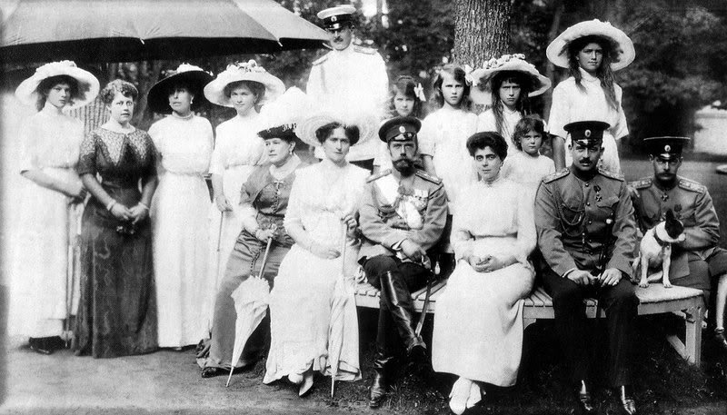 Grand Duchess Maria's branch of the family, the "Vladimirovichi" with Emperor Nicholas iI and Empress Alexandra in 1913. From left to right: Grand Duchess Tatiana Nikolaevna; Duchess Marie of Mecklenburg-Strelitz; Grand Duchess Victoria Feodorvna; Grand Duchess Olga Nikolaevna; Grand Duchess Vladimir; Empress Alexandra; (standing behind, Grand Duke Kirill); Nicholas II; Princess Nicholas of Greece the daughter of Grand Duchess Vladimir; (standing behind, the three little girls are:) Princess Nicholas' daughters, Princesses Elizabeth, Olga, and Marina (the future Duchess of Kent) of Greece; the other two girls are Grand Duchesses Anastasia and Maria Nikolaevna; and in frontal right, are Grand Duke Kirill's brothers, the Grand Dukes Boris and Andrei.